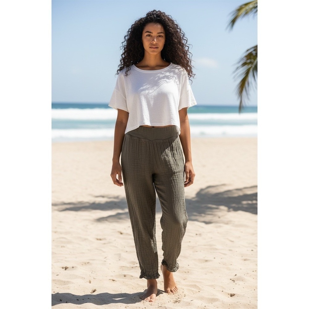 Charlotte Russe gauze Jogger Pants Women Size M Olive Green Pull-On Lounge crepe
